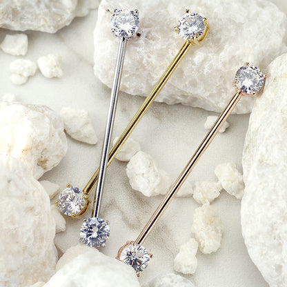 Round CZ Crystal Ends Industrial Barbell - Surgical Steel