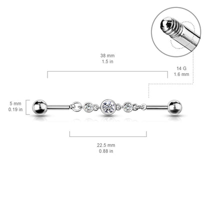 Triple CZ Rounds on a Chain Industrial Barbell - 316L Stainless Steel