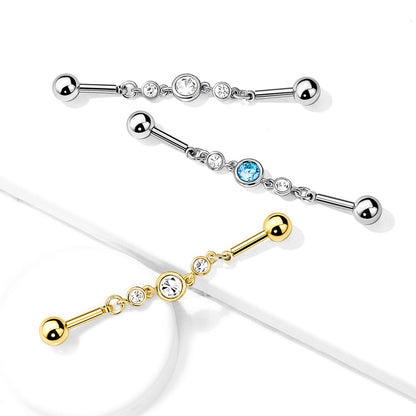 Triple CZ Rounds on a Chain Industrial Barbell - 316L Stainless Steel