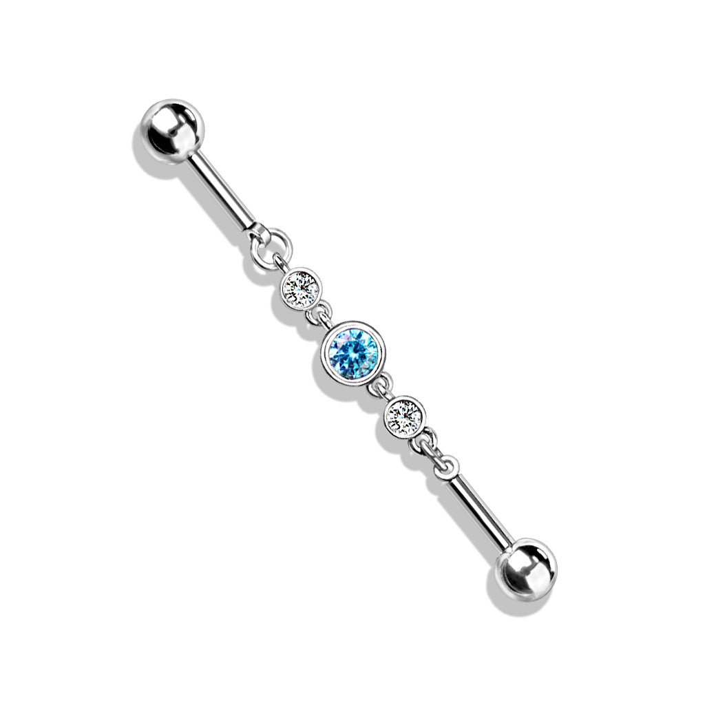 Triple CZ Rounds on a Chain Industrial Barbell - 316L Stainless Steel