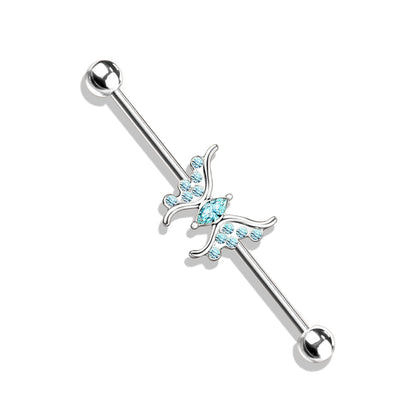 Crystal Paved Butterfly Industrial Barbell - Stainless Steel