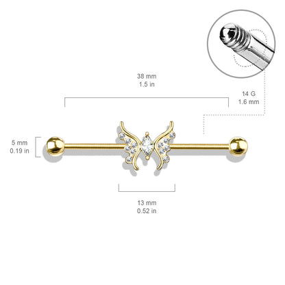 Crystal Paved Butterfly Industrial Barbell - Stainless Steel