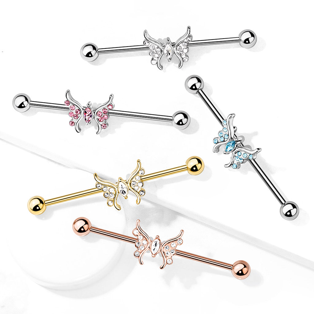 Crystal Paved Butterfly Industrial Barbell - Stainless Steel