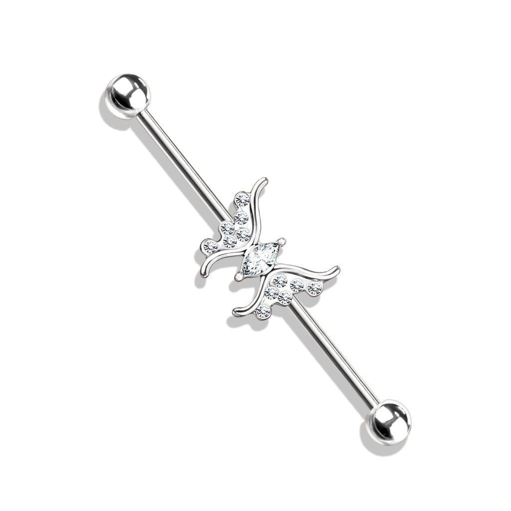 Crystal Paved Butterfly Industrial Barbell - Stainless Steel