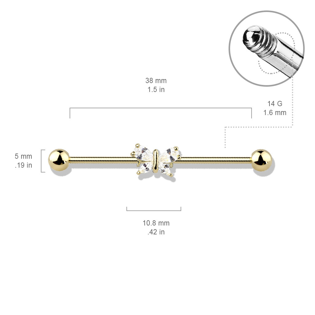 CZ Crystal Butterfly Industrial Barbell - Stainless Steel