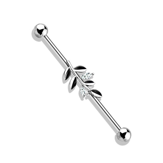 CZ Crystal Leaf Industrial Barbell - Stainless Steel