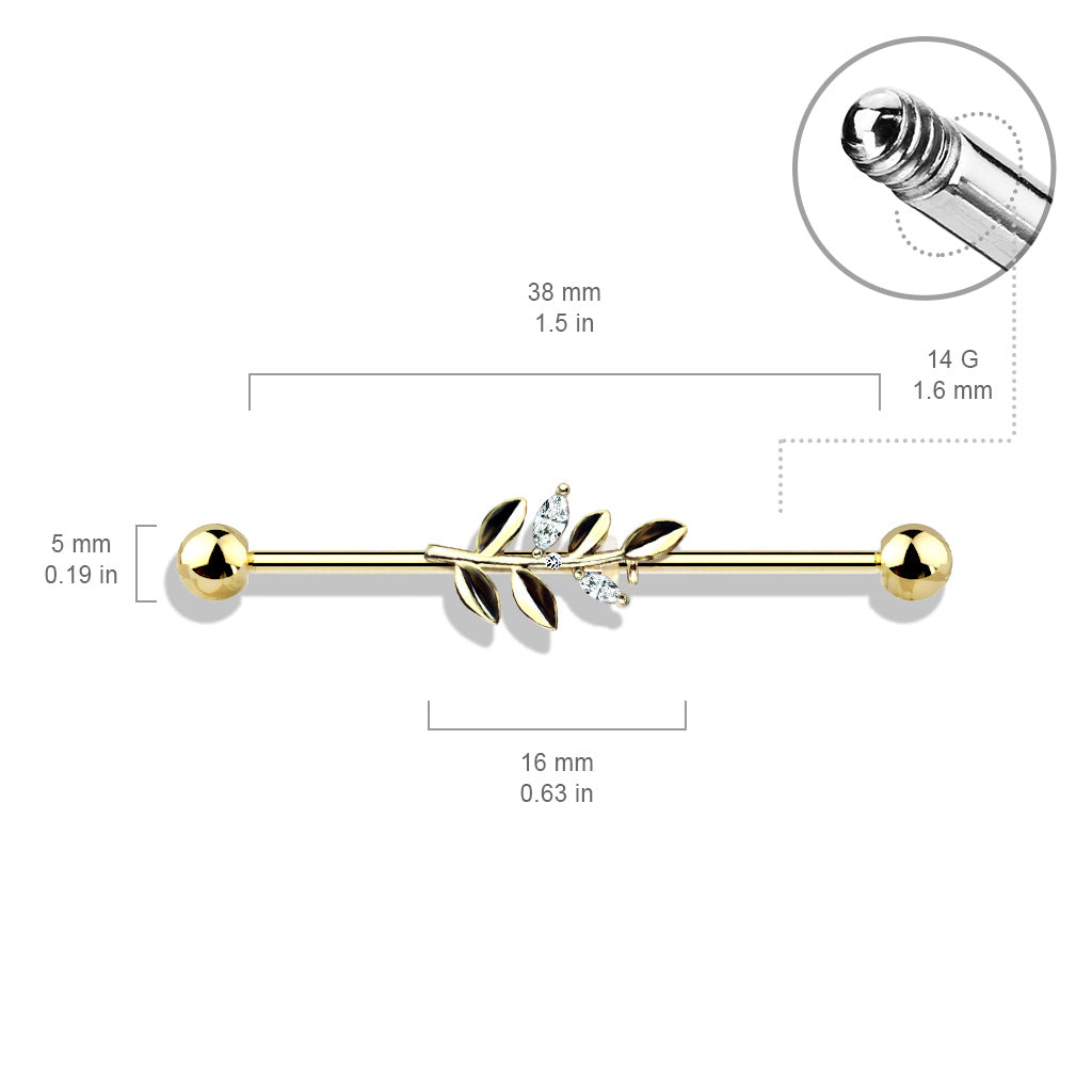 CZ Crystal Leaf Industrial Barbell - Stainless Steel