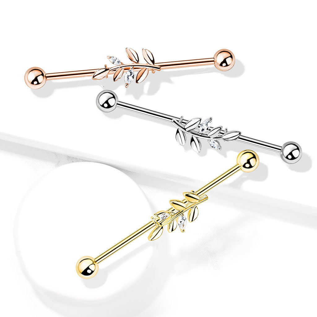 CZ Crystal Leaf Industrial Barbell - Stainless Steel