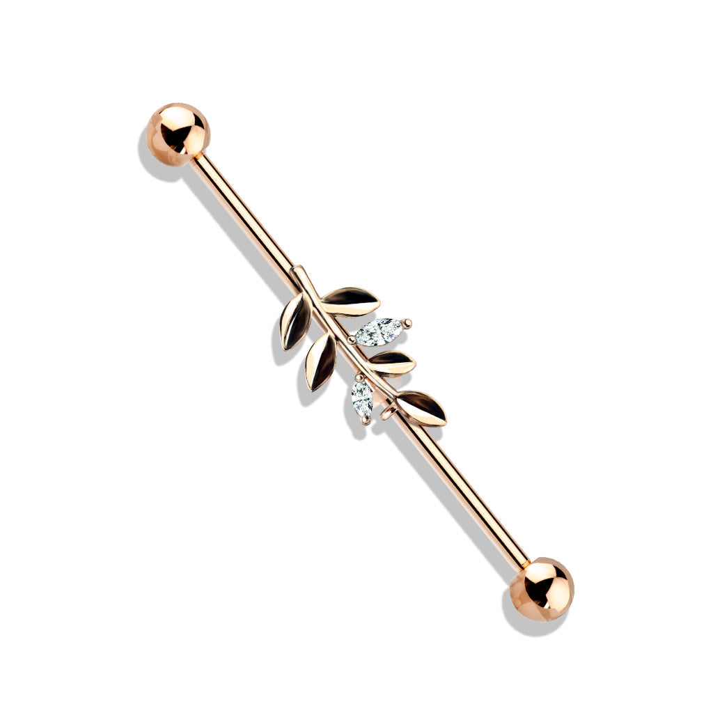 CZ Crystal Leaf Industrial Barbell - Stainless Steel