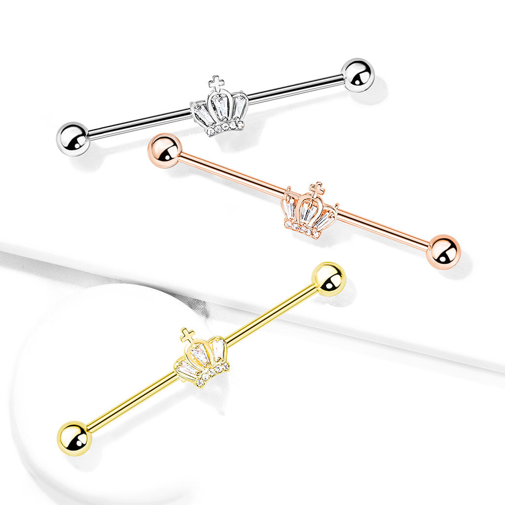 CZ Paved Crown with Cross Industrial Barbell - Stainless Steel