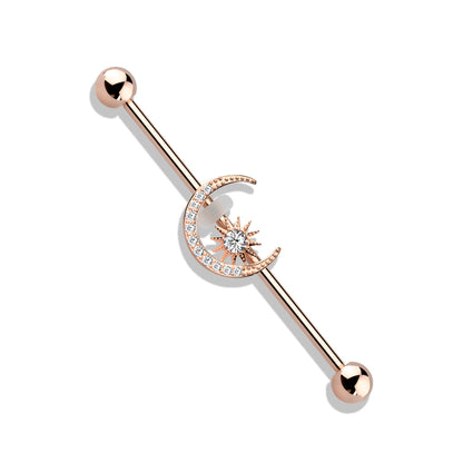 CZ Crystal Paved Crescent Moon and Star Industrial Barbell - 316L Stainless Steel