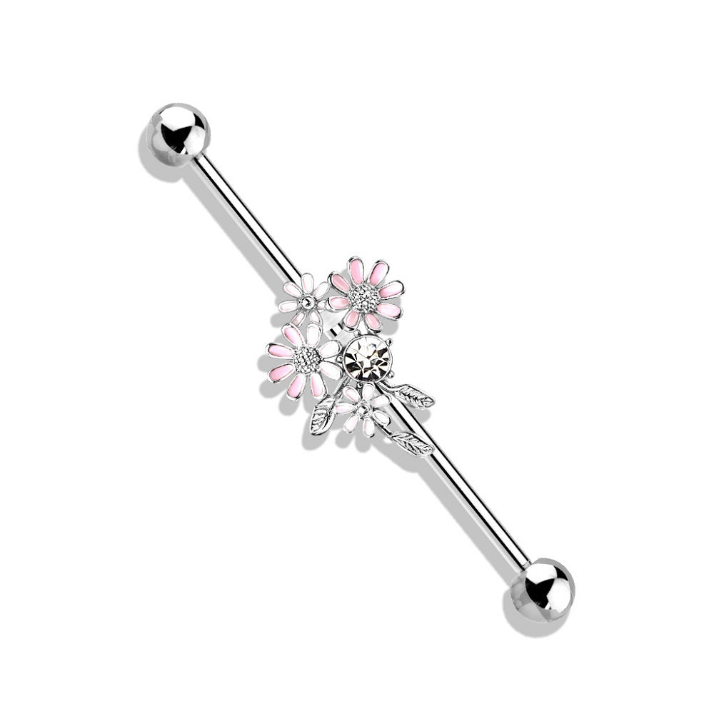 CZ Crystal and Enamel Flower Bouquet Industrial Barbell - Stainless Steel