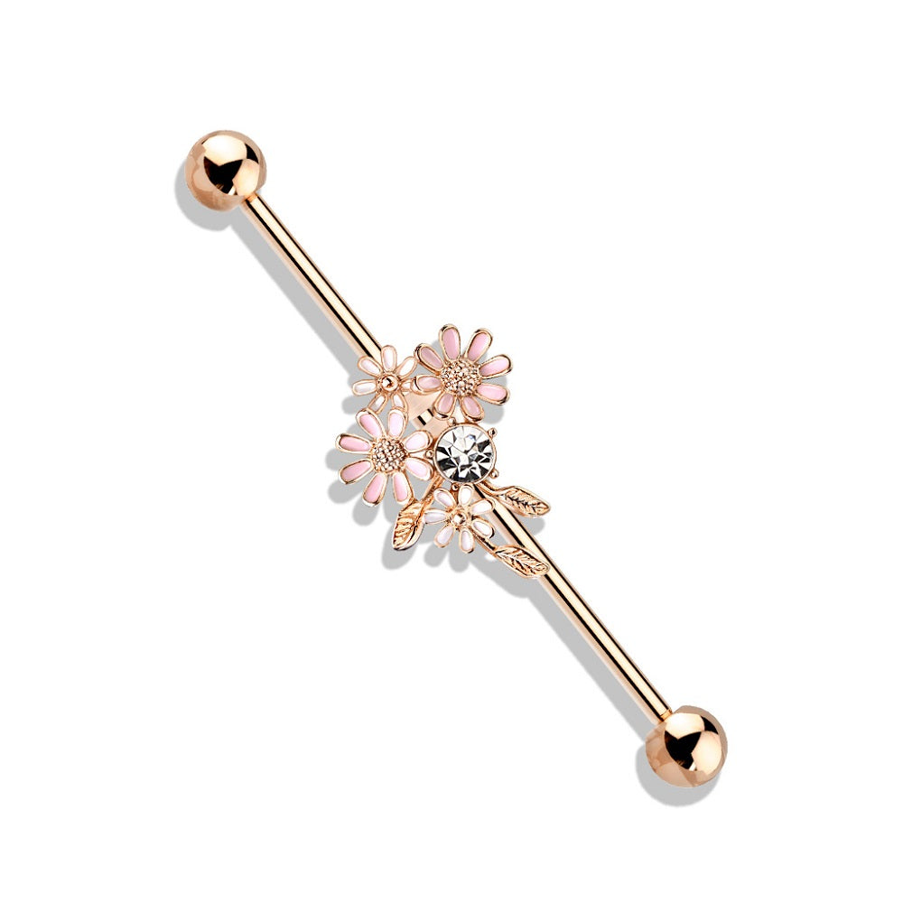 CZ Crystal and Enamel Flower Bouquet Industrial Barbell - Stainless Steel