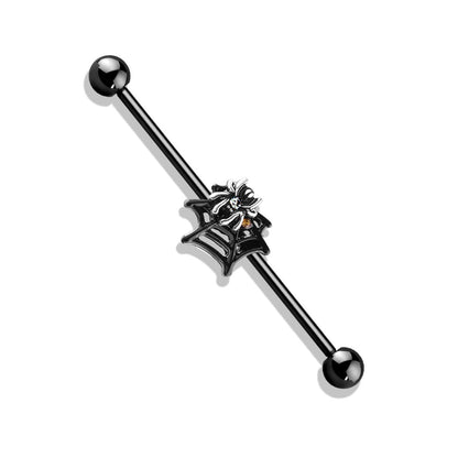 Crystals Set Spider on Web Black Industrial Barbell - Stainless Steel