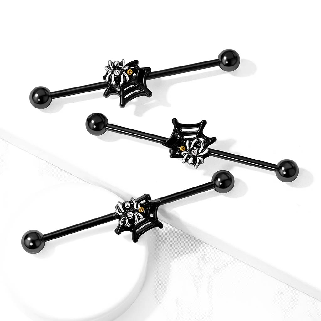 Crystals Set Spider on Web Black Industrial Barbell - Stainless Steel