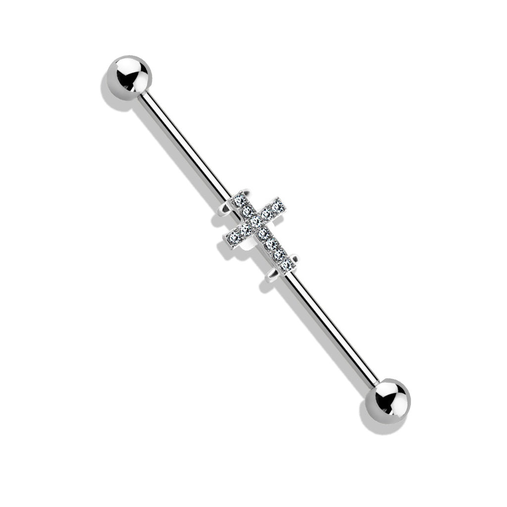 Crystal Paved Horizontal Cross Industrial Barbell - Stainless Steel