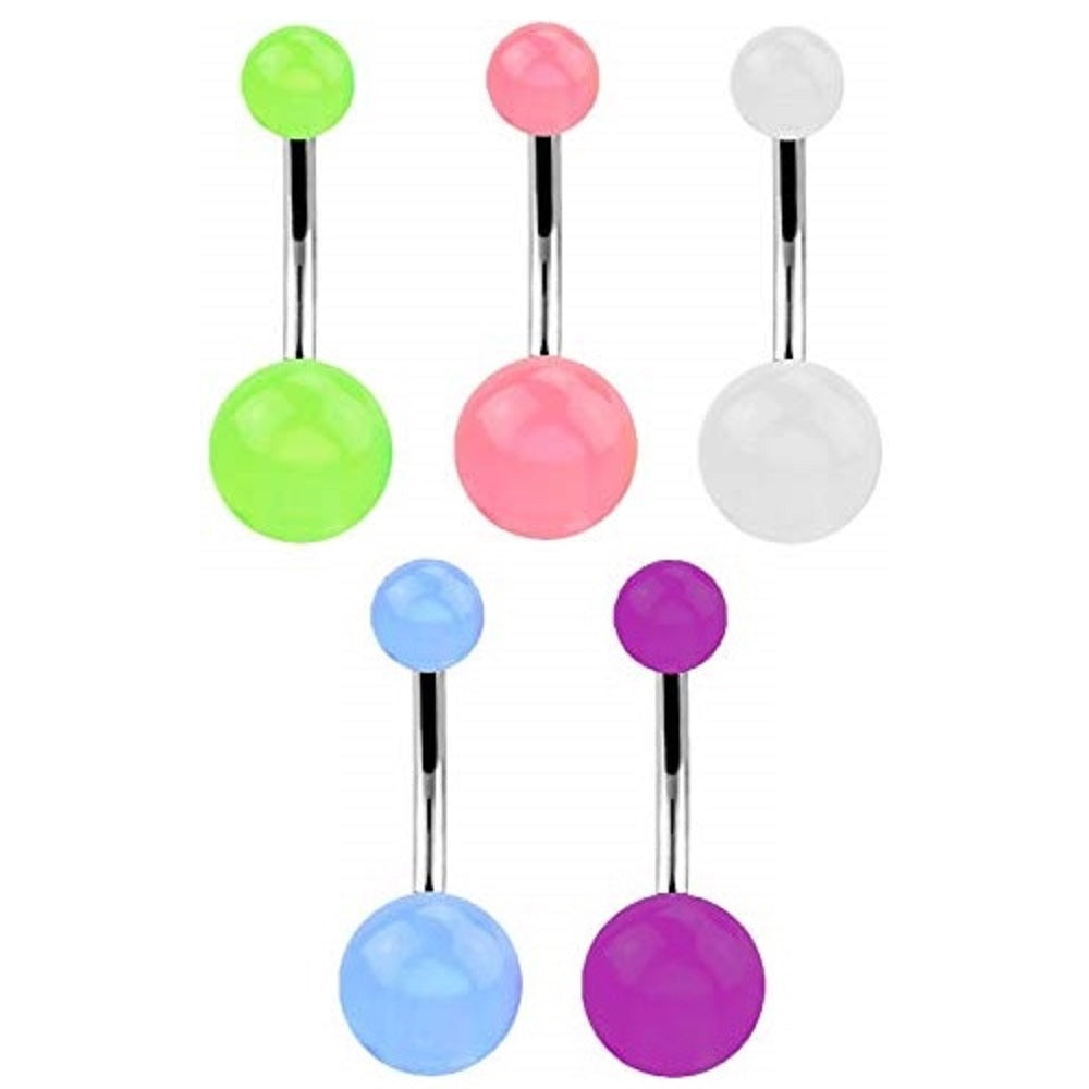 Set of Five 14GA Glow in the Dark Acrylic Belly Button Rings - Stainless Steel