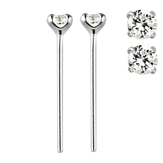 Set of 2 CZ Crystal Gem Prong Set Bendable Nose Stud - Sterling Silver