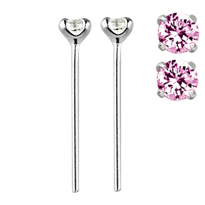 Set of 2 CZ Crystal Gem Prong Set Bendable Nose Stud - Sterling Silver