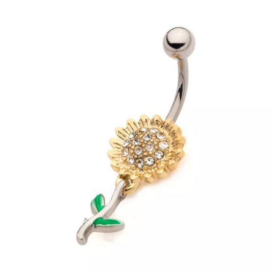 CZ Crystal Paved Sunflower Belly Button Ring - 316L Stainless Steel