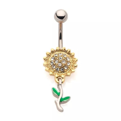 CZ Crystal Paved Sunflower Belly Button Ring - 316L Stainless Steel
