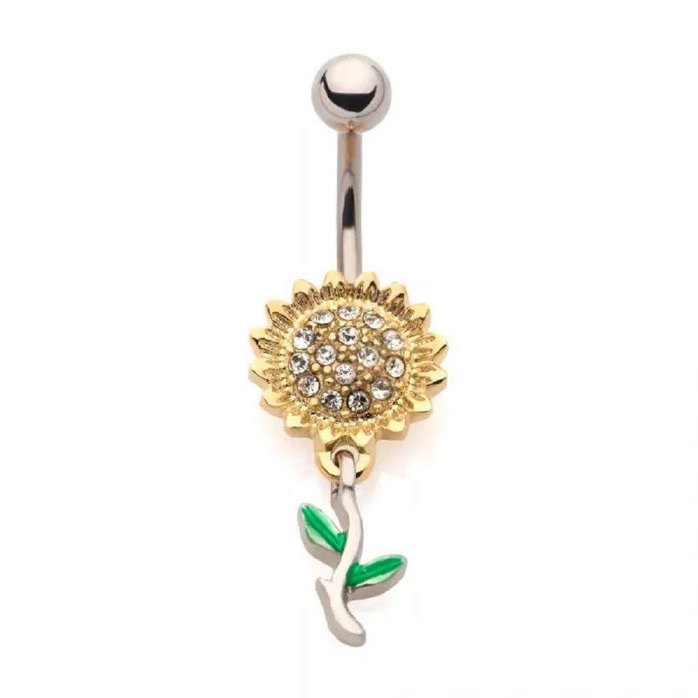 CZ Crystal Paved Sunflower Belly Button Ring - 316L Stainless Steel