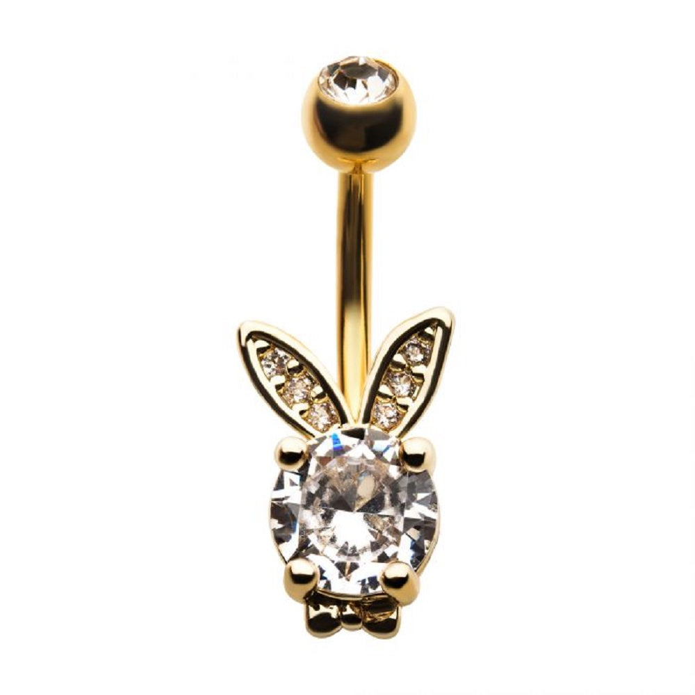 Crystal Bunny Rabbit Belly Button Ring - Gold Plated Stainless Steel