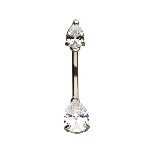 Double Gem Teardrop Prong-Set CZ Crystal Belly Button Ring - Stainless Steel