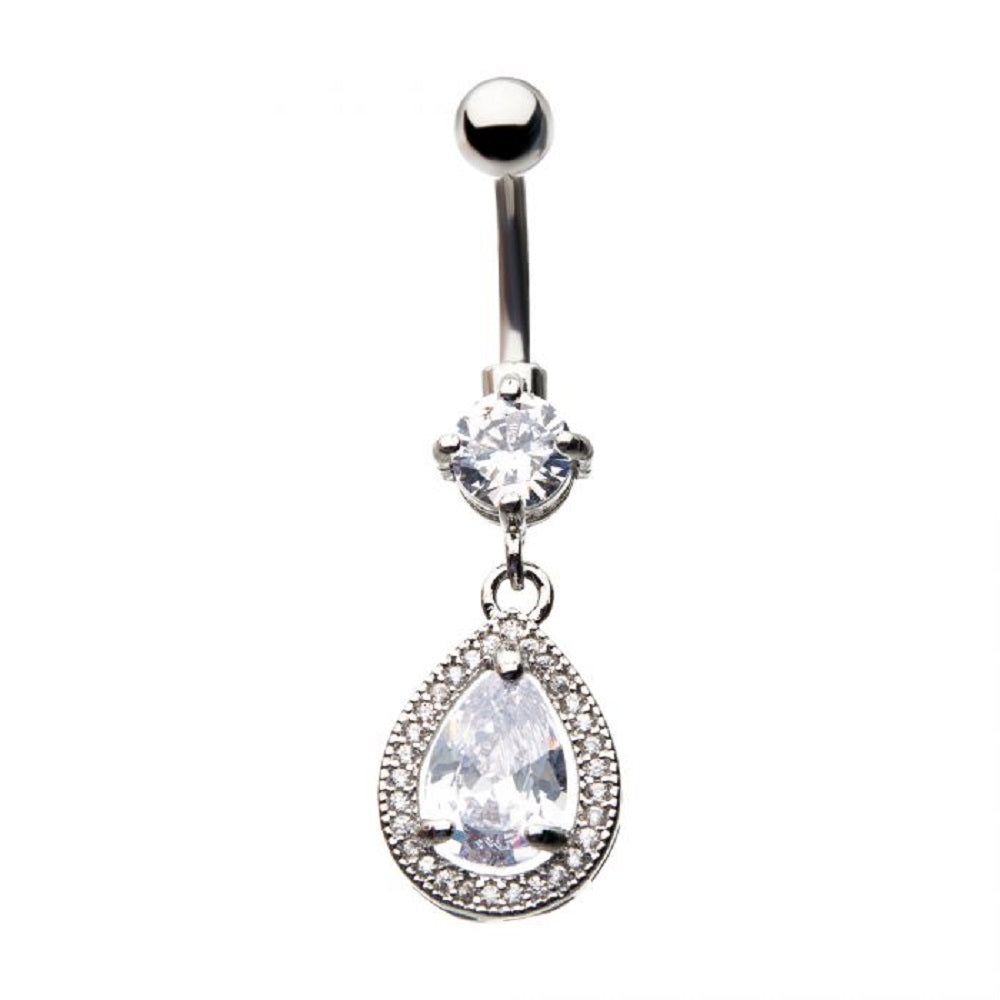 CZ Crystal Teardrop Dangling Belly Button Ring - Stainless Steel