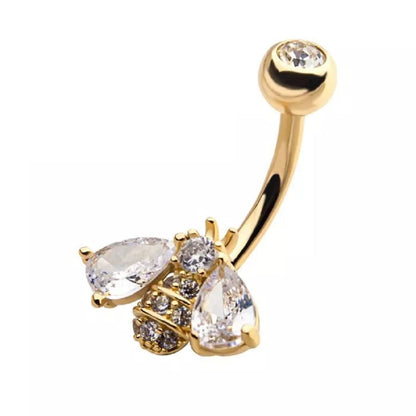 Golden Honey Bee with Clustered CZ & Beads Belly Button Ring - 316L Stainless Steel