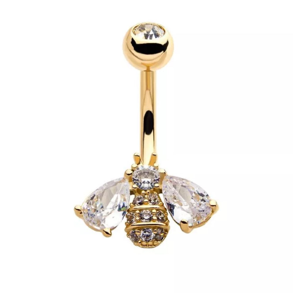 Golden Honey Bee with Clustered CZ & Beads Belly Button Ring - 316L Stainless Steel