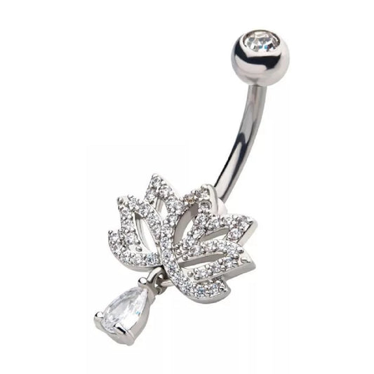 Multi Clear CZ Paved Lotus Flower with Dangling CZ Teardrop Belly Button Ring - 316L Stainless Steel