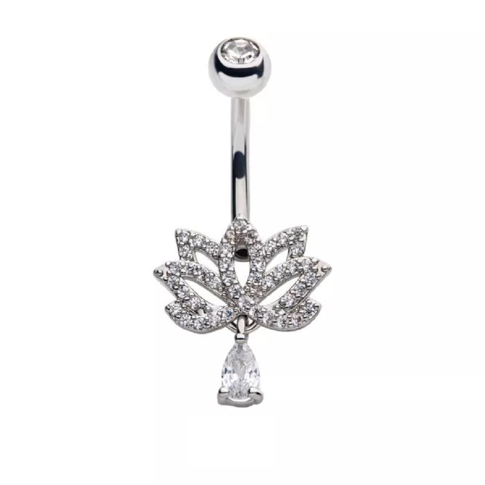 Multi Clear CZ Paved Lotus Flower with Dangling CZ Teardrop Belly Button Ring - 316L Stainless Steel