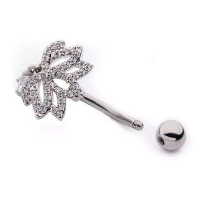 Multi Clear CZ Paved Lotus Flower with Dangling CZ Teardrop Belly Button Ring - 316L Stainless Steel