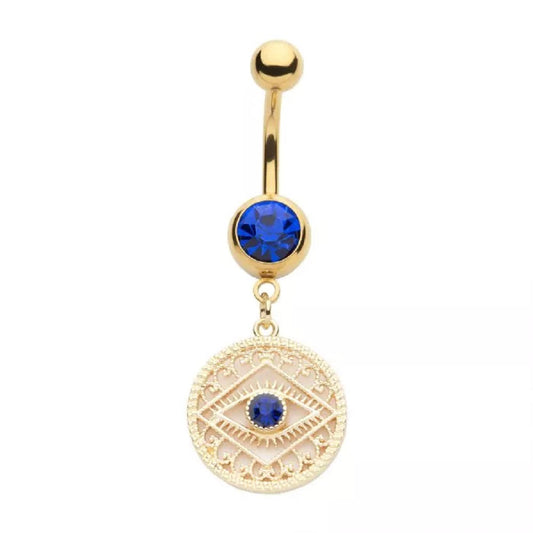 Gold Tone Blue CZ Crystal Evil Eye Filigree Charm Dangling Belly Button Ring - 316L Stainless Steel