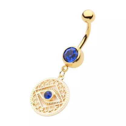 Gold Tone Blue CZ Crystal Evil Eye Filigree Charm Dangling Belly Button Ring - 316L Stainless Steel