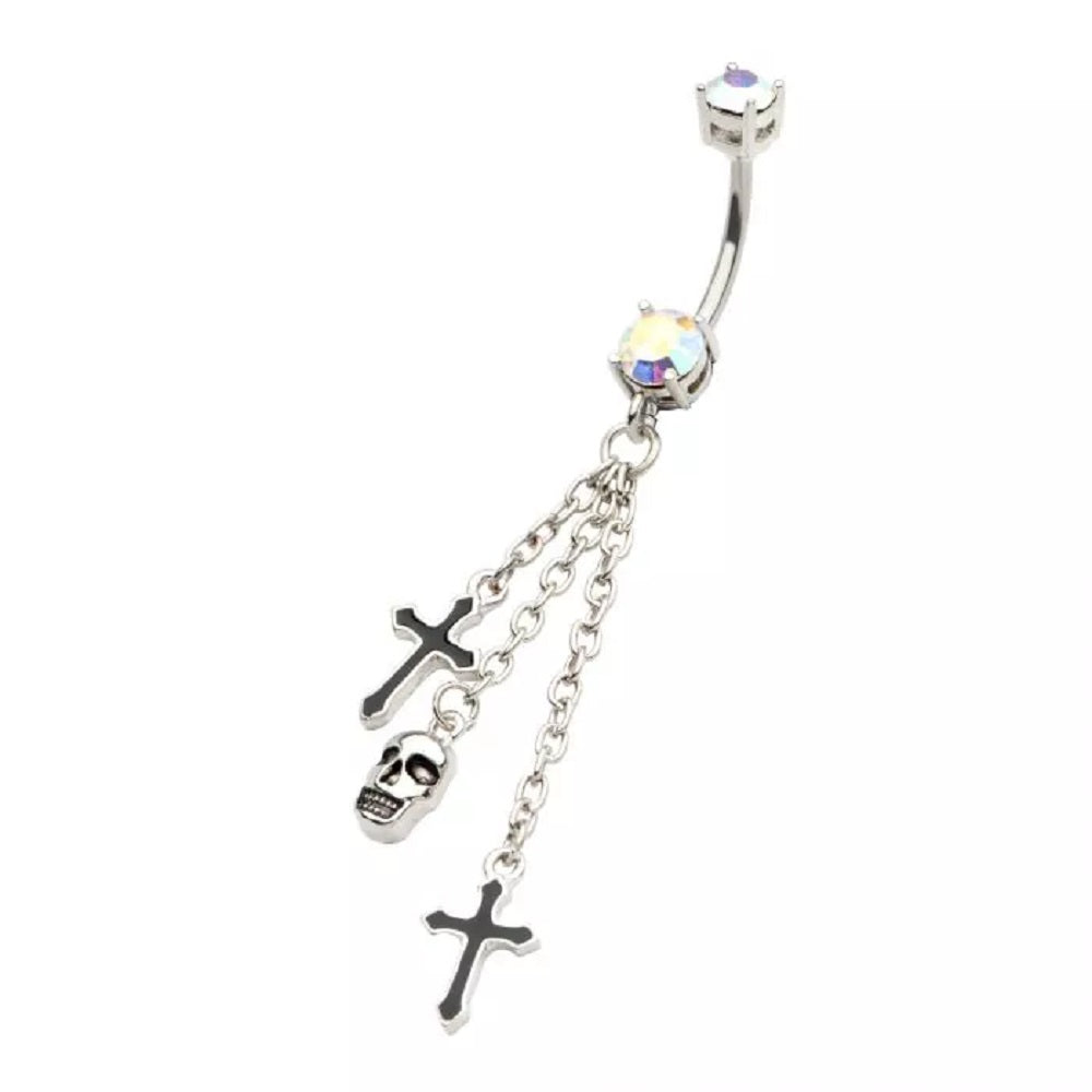 Aurora Borealis CZ Crystals with Dangling Crosses and Skull Belly Button Ring - 316L Stainless Steel