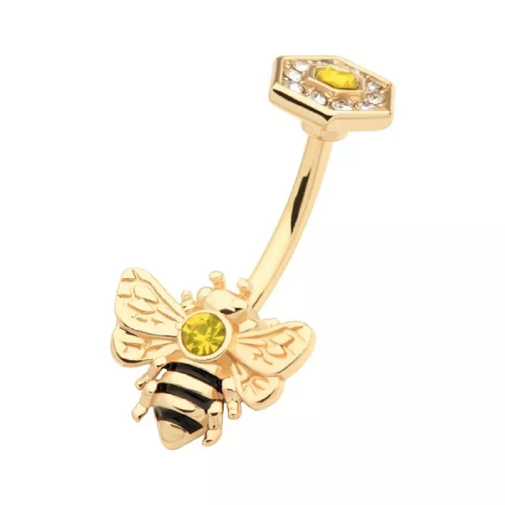 Gold Tone Bee with Topaz CZ Crystals Belly Button Ring - 316L Stainless Steel