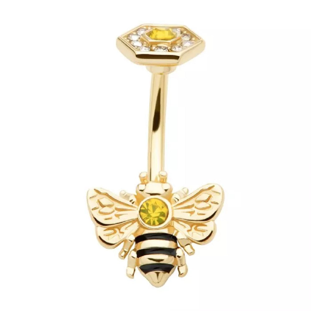 Gold Tone Bee with Topaz CZ Crystals Belly Button Ring - 316L Stainless Steel