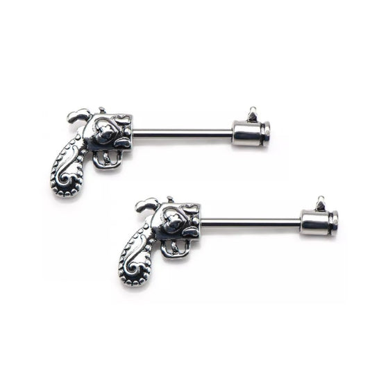 Gun Pistol Revolver Nipple Barbells - Stainless Steel - Pair
