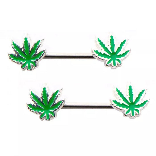 Pot Leaf Forward Facing Nipple Barbells - Stainless Steel - Pair