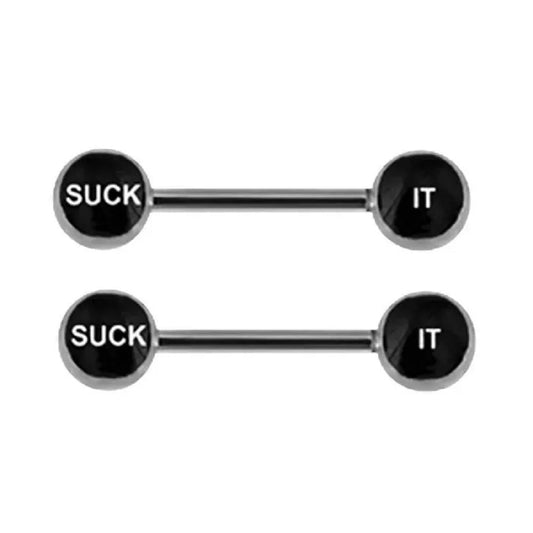 Erotic Naughty "Suck It" Nipple Barbells - Surgical Steel - Pair