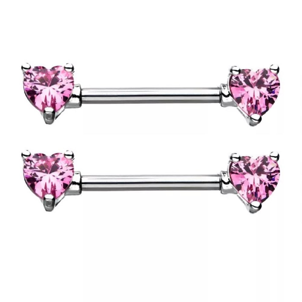 CZ Crystal Heart Forward Facing Nipple Barbells - Stainless Steel - Pair