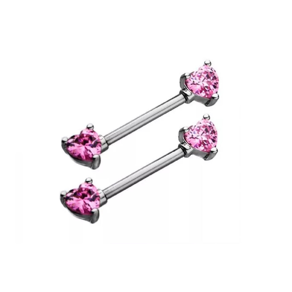 CZ Crystal Heart Forward Facing Nipple Barbells - Stainless Steel - Pair