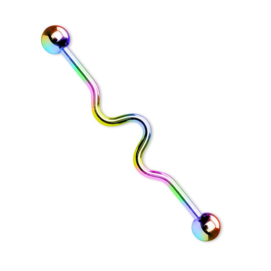 Rainbow Wavy Design Industrial Barbell - Titanium Plated 316L Stainless Steel