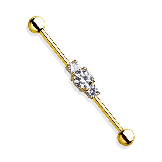 Three Central Clear CZ's Industrial Barbell - 316L Stainless Steel