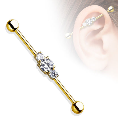 Three Central Clear CZ's Industrial Barbell - 316L Stainless Steel