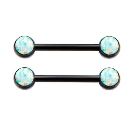 Black Bezel Set White Synthetic Opal Nipple Barbells - PVD Plated Stainless Steel - Pair