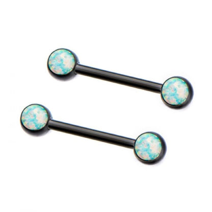 Black Bezel Set White Synthetic Opal Nipple Barbells - PVD Plated Stainless Steel - Pair