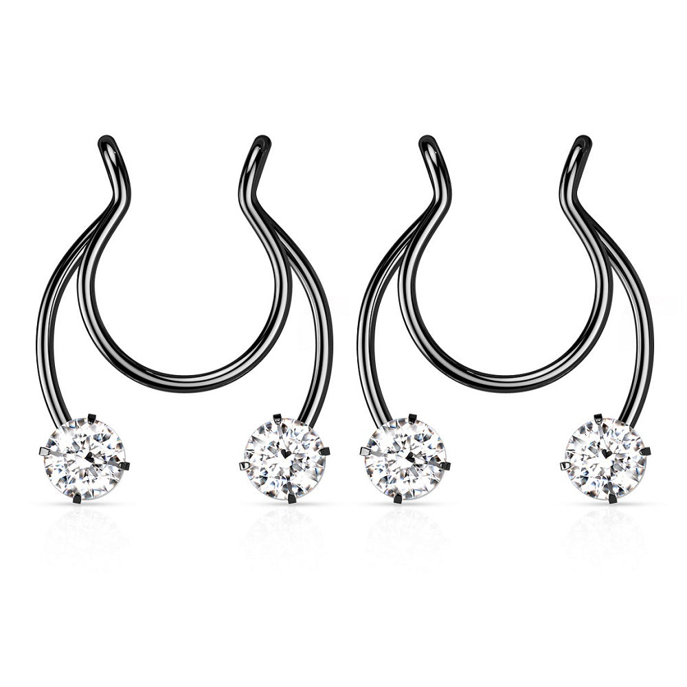 Prong Set CZ Crystal Horseshoe Clip On Non-Pierce Fake Septum Nipple Rings - Stainless Steel - Pair